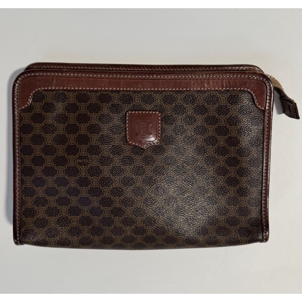 CELINE Triomphe Macadam Leather Clutch Cosmetics Travel Bag Italy Authentic